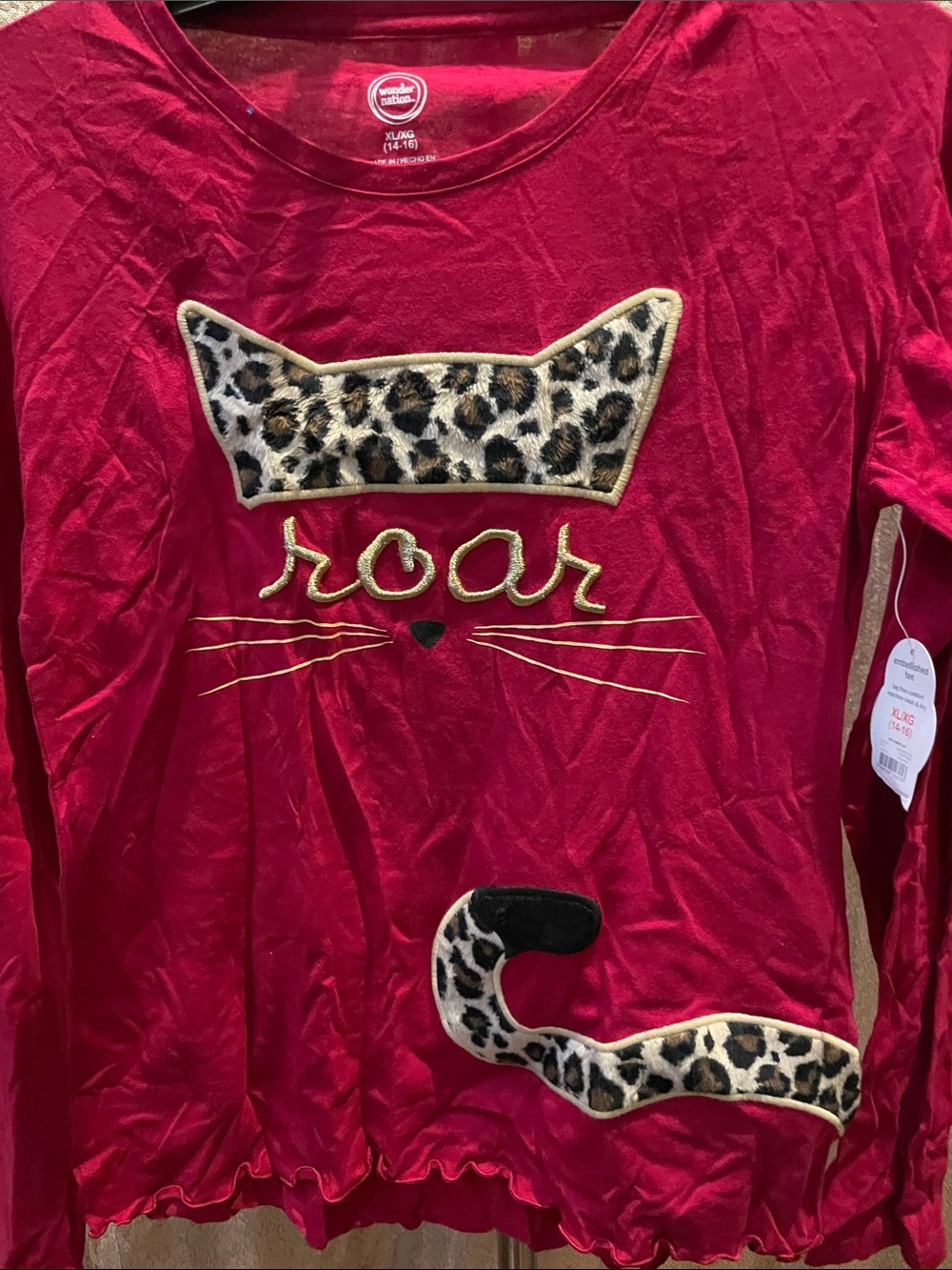 WONDER NATION Red Long Sleeve Girls Top with Leopard Applique NWT